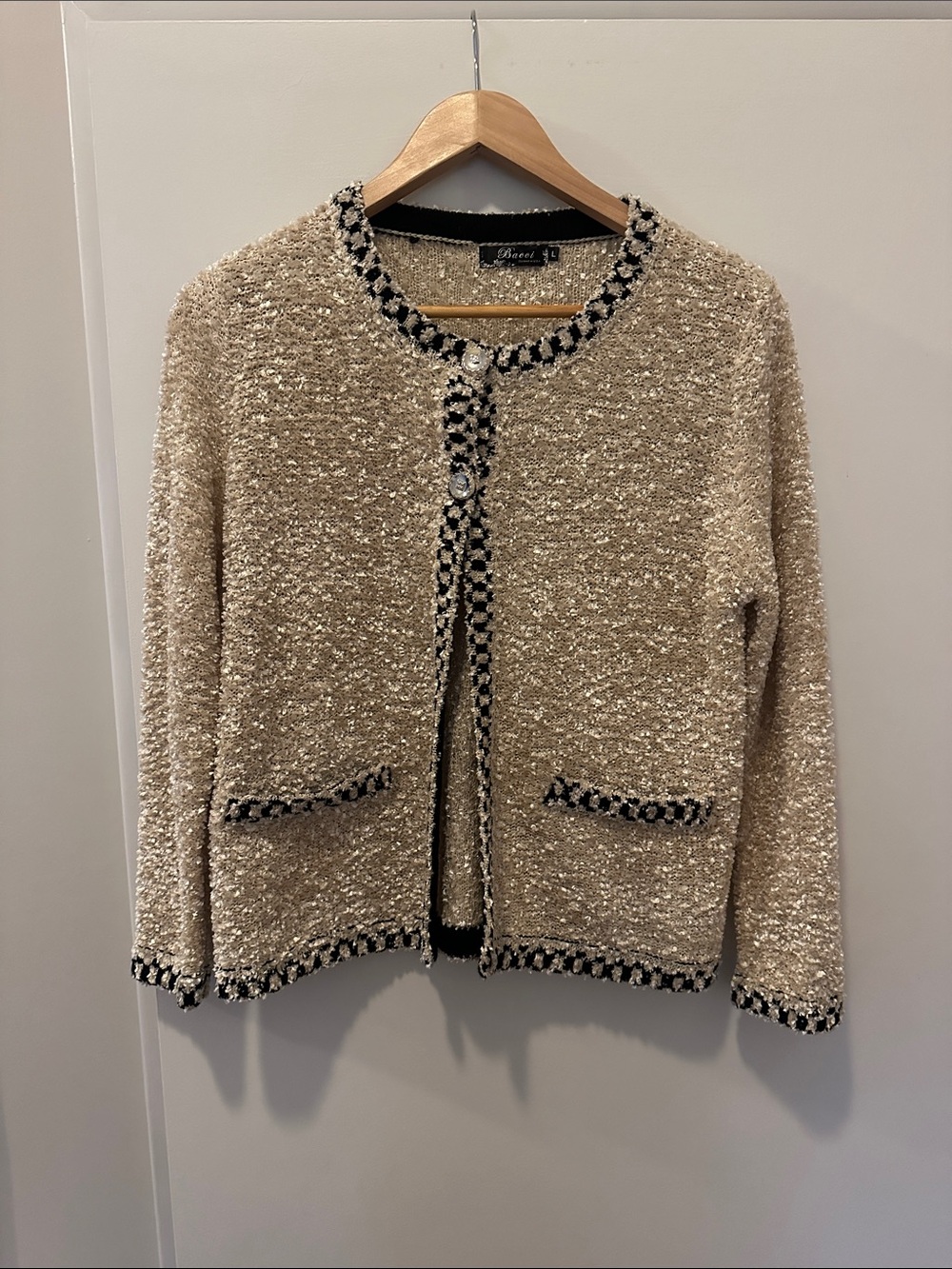 Cream Bouclé Knit Cardigan with Black Trim